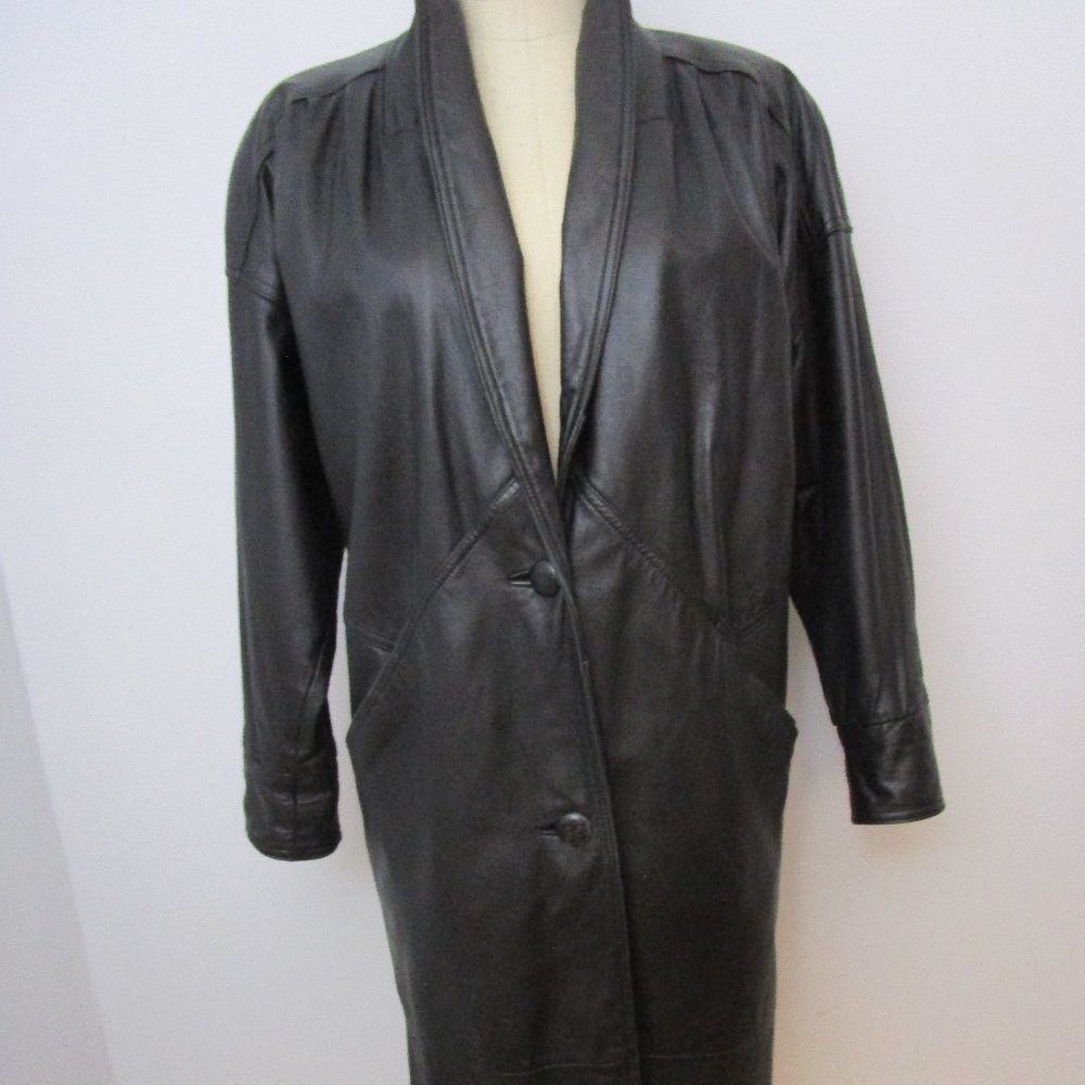 Fierce Black Leather 80s Duster Coat Oversized Wedge Korea Outerwear